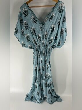 Omika Dusty Blue Floral V‑Neck Maxi Dress with Smocked Waist